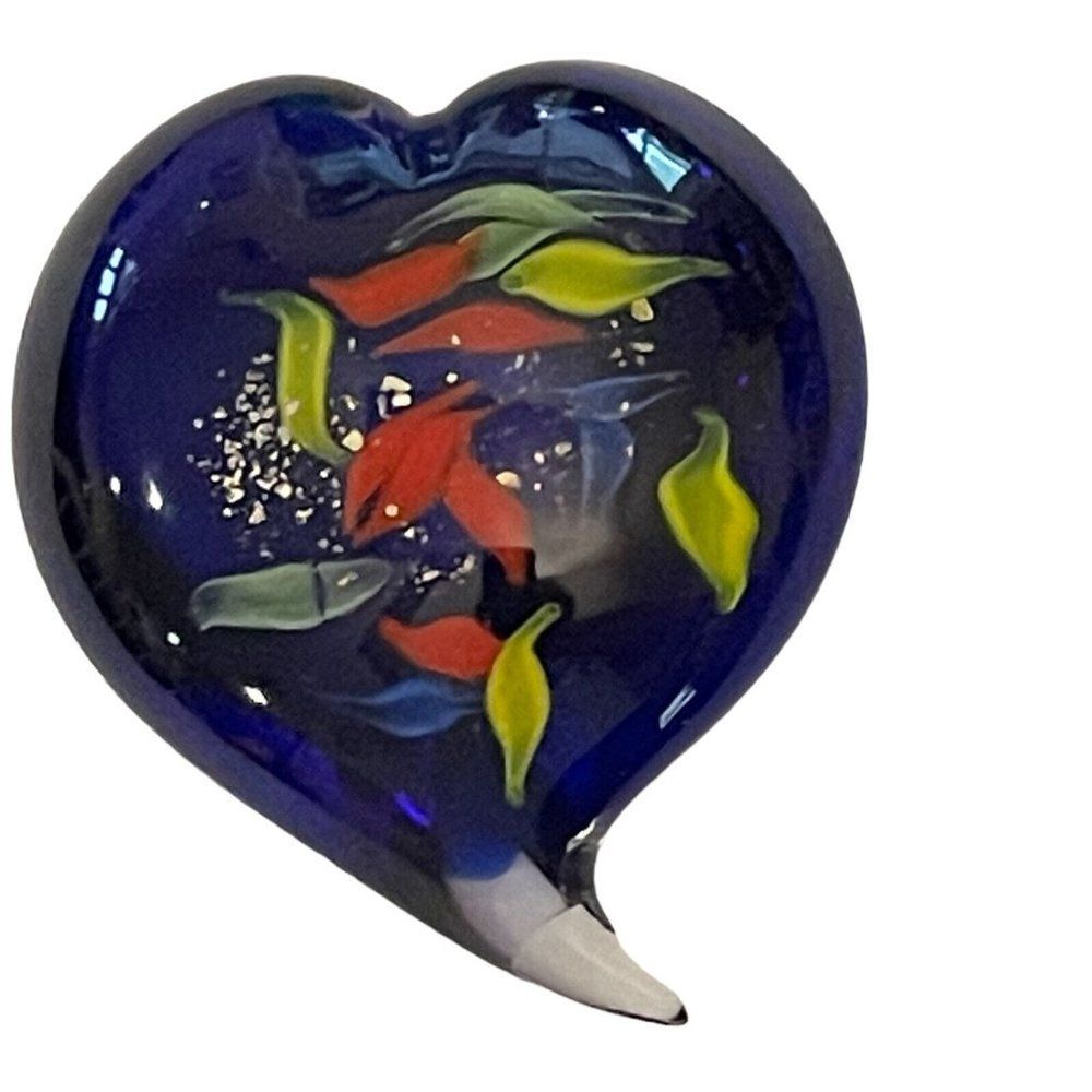 Art Glass Heart Shaped Cobalt Blue Hand Blown Paperweight Gold Flecks
